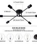 Diagram of Dope Six Light Sputnik Black Chandelier Semi Flush Mount with dimensions and E26 bulb base compatibility