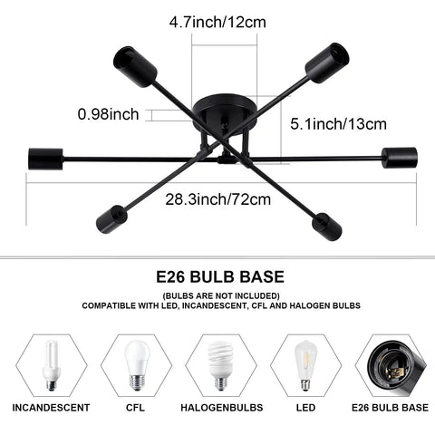 Diagram of Dope Six Light Sputnik Black Chandelier Semi Flush Mount with dimensions and E26 bulb base compatibility