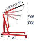Side view of 2 Ton Foldable Engine Hoist Cherry Picker with telescopic boom extended and dimensions labeled.