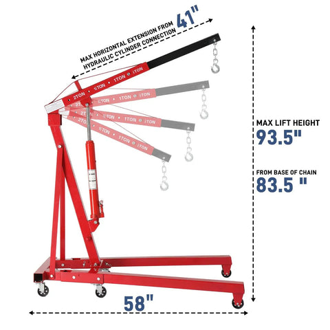 Side view of 2 Ton Foldable Engine Hoist Cherry Picker with telescopic boom extended and dimensions labeled.