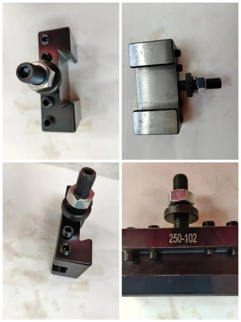 Pro Grade Heavy Duty Turning And Boring Tool Holder with V groove for round or square lathe tools, shown from various angles.