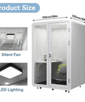 Portable Soundproof Phone Booth With Smooth Rolling Wheels Hella Quiet Office Pod Rig For Remote Hustle And Broadcast Streaming Includes Chill Cooling Fan Bright Lamp And Reliable Power Outlet showing dimensions and interior features.