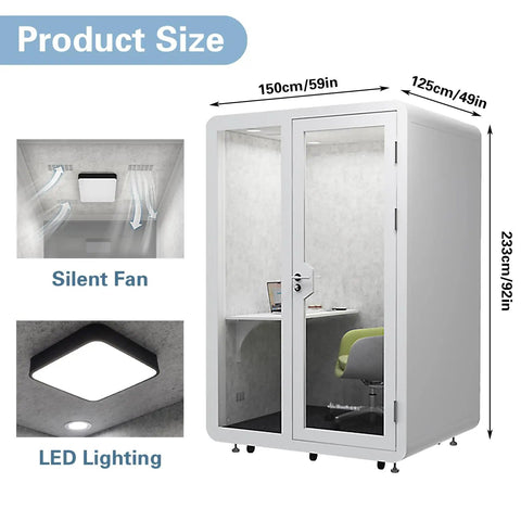 Portable Soundproof Phone Booth With Smooth Rolling Wheels Hella Quiet Office Pod Rig For Remote Hustle And Broadcast Streaming Includes Chill Cooling Fan Bright Lamp And Reliable Power Outlet showing dimensions and interior features.