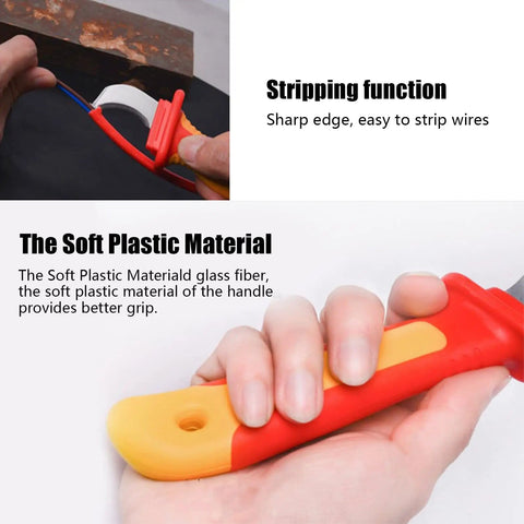 Hand using Dismantling Knife With 1000V Insulation For Electricians Fast Strip Cable Stripper And Wire Cutter