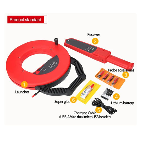 No Sweat Wall Scanner With Dead Easy Stud Detection And Deep Range Pipe Blockage Locator For Live Wire Cable Finder Plus Reliable Plumbing Diagnostic Tool kit including launcher, receiver, and accessories.
