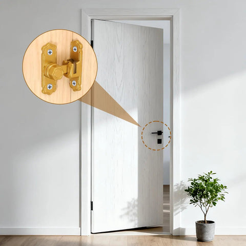 Premium Gold Aluminum Flip Gate Latch Set installed on a wooden door, showcasing secure placement and sturdy design.