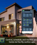 Hand holding smartphone with My Leviton app in front of house, controlling Decora Smart Dimmer Switch 2nd Gen With Wi Fi And Neutral Wire Required Works With Matter Alexa Google Assistant Apple Home Siri And Wired Or Wire Free 3 Way D26HD2RW White.