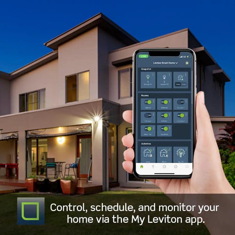 Hand holding smartphone with My Leviton app in front of house, controlling Decora Smart Dimmer Switch 2nd Gen With Wi Fi And Neutral Wire Required Works With Matter Alexa Google Assistant Apple Home Siri And Wired Or Wire Free 3 Way D26HD2RW White.