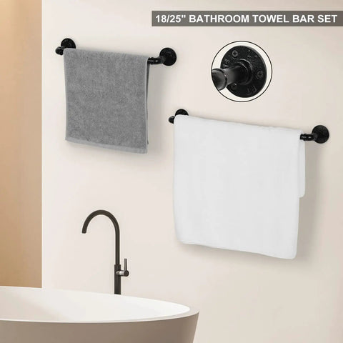 Industrial Style 10 Piece Bathroom Hardware Set Boss Black Finish Includes 18 Inch And 25 Inch Towel Bars on wall with towels