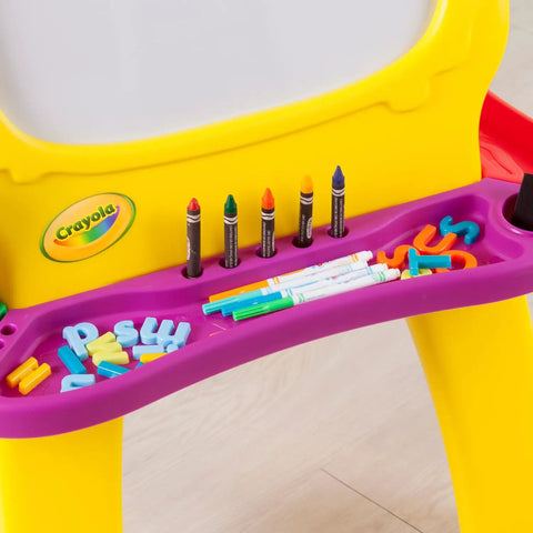 Mega Size Magnetic Double Sided Kids Easel Built Tough For Endless Creative Sessions Adjustable Height with crayons and letters.