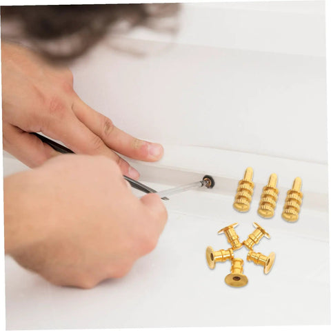 Person using a screwdriver with 24 Pack Zinc Alloy Dowel Pins, Table Leaf Alignment Connectors for quick furniture assembly.