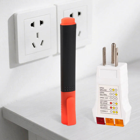Grounding Tester Kit Conductivity Pen And Outlet Continuity Tester on table with US standard outlet in background.