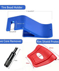All-In-One Motorcycle Tire Changing Tool Kit With Bead Holders, Rim Protectors, And Valve Core Remover for Dirt Bikes showing dimensions