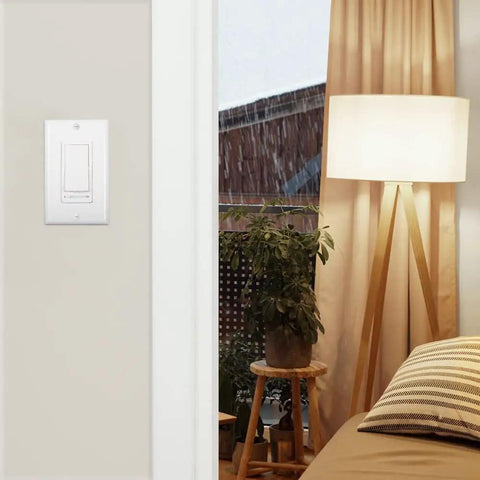 LED Slide Dimmer Rocker Switch For 3-Way And Single Pole, No Fuss Dimming, with white wall plate in cozy bedroom scene