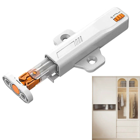 Beefy Push to Open Cabinet Latches for Doors and Drawers, non magnetic RV and home kitchen storage, close-up detail and use case.