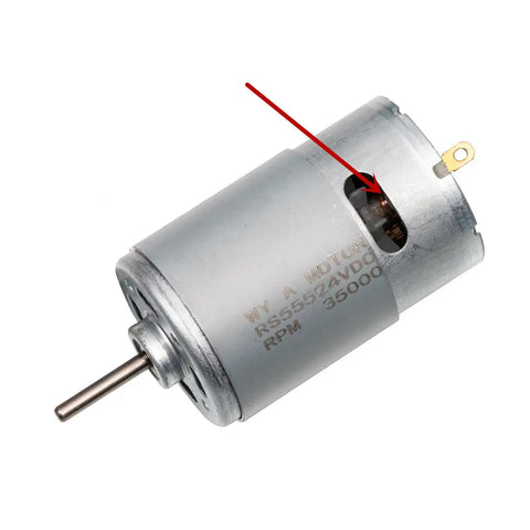 Close-up view of Twin Pack 24V RS555 35000RPM Electric Motors For Power Wheels Upgrade Kit showing motor details and gear mechanism.