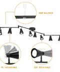 Dope Flexible Track Lighting Fixture With Foldable Arm And Eight Adjustable GU10 Heads, matte black, showing rotation angles.