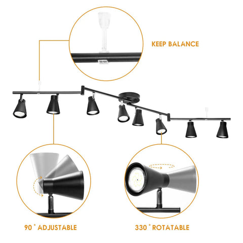 Dope Flexible Track Lighting Fixture With Foldable Arm And Eight Adjustable GU10 Heads, matte black, showing rotation angles.