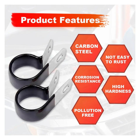 Three Sixteenth Inch Brake Line Clip Set With Rubber Cushioned Tubes features and benefits display with steel clamps