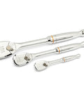 Three chrome ratchets from Beefy 83 Piece SAE And Metric Mechanics Tool Set With One Quarter Inch Three Eighths Inch One Half Inch Sockets