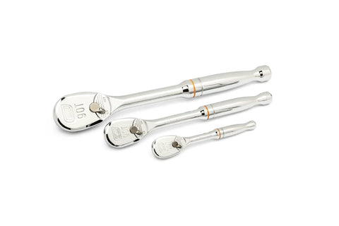 Three chrome ratchets from Beefy 83 Piece SAE And Metric Mechanics Tool Set With One Quarter Inch Three Eighths Inch One Half Inch Sockets
