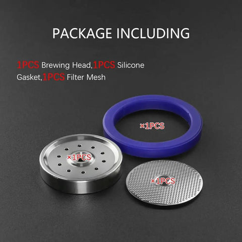 Heavy Duty Stainless Steel Shower Screen And Dispersion Block Pack Straight Fire Build For Knockout Espresso Shots Killer Upgrade For Home Baristas Keeping Your Daily Grind Fresh, showing brewing head, silicone gasket, and filter mesh.