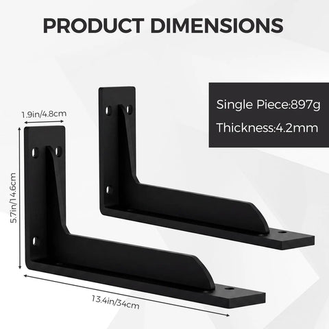 Heavy Duty L Shelf Brackets Set, Matte Black Stainless Steel Floating Shelf Brackets With 90 Degree Weld Free Construction, 4.2mm Thick