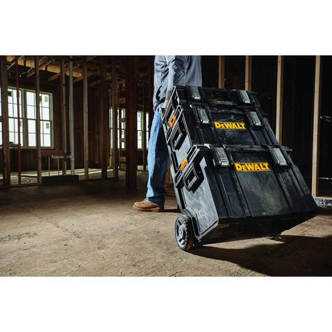 Rugged ToughSystem Tool Box With Pull Back Lid for maximum storage being transported on worksite, telescopic handle visible