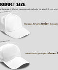 Hat size chart for pink girls athletic dress with UPF 50 plus sun shield, including sizes for ages under and above 7