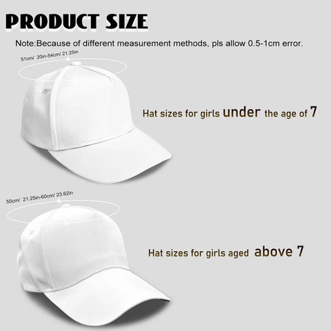 Hat size chart for pink girls athletic dress with UPF 50 plus sun shield, including sizes for ages under and above 7