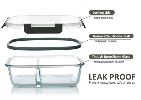 Glass Meal Prep Containers Set With Two Compartments 36 Oz Each Premium Borosilicate Glass Upgraded Snap Lock Lids visible