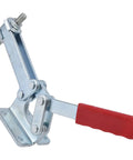 Side view of 630Kg Holding Force Quick Release Toggle Clamp For Jigs And Fixtures, Horizontal Clamp with red handle, metal and plastic construction.