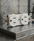 Top Tier Sturdy Heavy Duty 15A 125V Dual Wall Outlet Socket Compatible With Nema 5 15R on a metal surface, showing dual plug design.