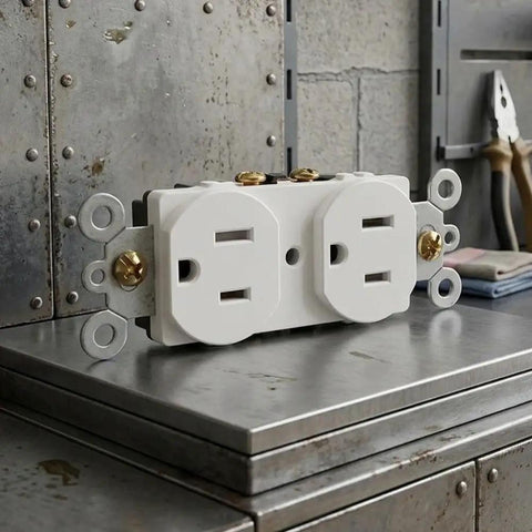 Gotta Have Slick And Smooth Nema 5 To 15R Dual Receptacle Outlet 15A 125V on a metal table, showing its white ABS housing.