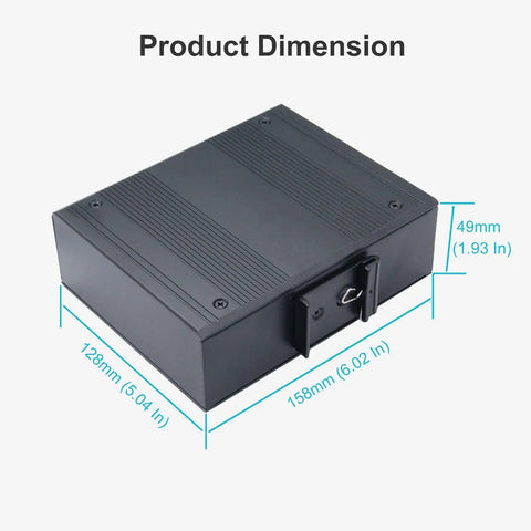 Rugged Outdoor Industrial 10 Port Gigabit Ethernet Switch dimensions, black, 158mm x 128mm x 49mm, hardened Din rail mount.