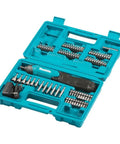 Ultra Light Three Point Six Volt Cordless Hex Screwdriver Kit With Folding Pistol Grip One Quarter Inch Bit Set USB Charge Eighty One Piece Accessory Kit Teal Carry Case open with accessories visible