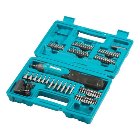 Ultra Light Three Point Six Volt Cordless Hex Screwdriver Kit With Folding Pistol Grip One Quarter Inch Bit Set USB Charge Eighty One Piece Accessory Kit Teal Carry Case open with accessories visible