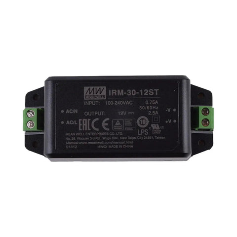 Workhorse 12 Volt 2.5 Amp 30 Watt Din Rail Power Supply in compact black casing with connections for easy setup.