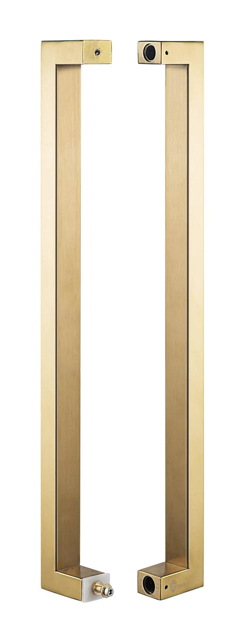 Heavy Duty 304 Stainless Steel Push Pull Door Handle With Solid Standoffs 300mm (12 Inch) Square Or Rectangle Shape Satin Gold Finish For Barn And Glass Doors, pair front view