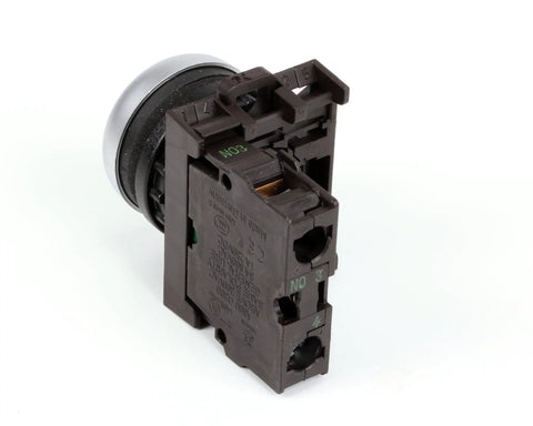 Angled view of Start Button Replacement For ABD100B Genuine OEM Part, featuring a durable black and silver switch for industrial use.