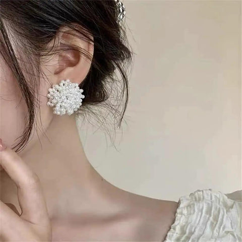 Y2K Vibe Vintage Pearl Bead Cluster Stud Earrings For Women White Boho Chic Jewelry Lightweight Comfort Perfect Everyday Glam Hypoallergenic Post Subtle Shine For Any Outfit, white pearl cluster stud earring on ear