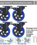 5 Inch Caster Wheels Set Of 4 Heavy Duty With Dual Locking Brakes And Quiet Polyurethane Foam Wheels with hardware kits shown