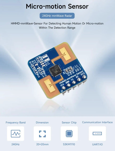 Human Micro Motion Detection MmWave Sensor 24GHz Radar With FMCW Technology Compact Module Built In MCU And UART Config For Easy No Fuss Integration And Accurate Sensing Of Moving Or Standing People. 20x20mm PCB with 24GHz radar and UART pins