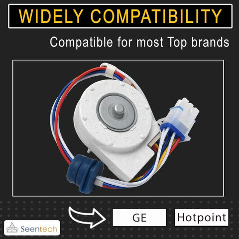 Wide view of Evaporator Fan Motor Replacement For GE Hotpoint Refrigerators WR60X10307 Fits Amana RCA Models Direct Fit No Fuss