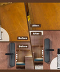 Wood Furniture Scratch Repair Markers And Wax Sticks Touch Up Set With Sharpener For Covering Stains And Gaps On Hardwood Floors Tables No Sweat Restoration Kit before and after results on scratched wood surfaces.