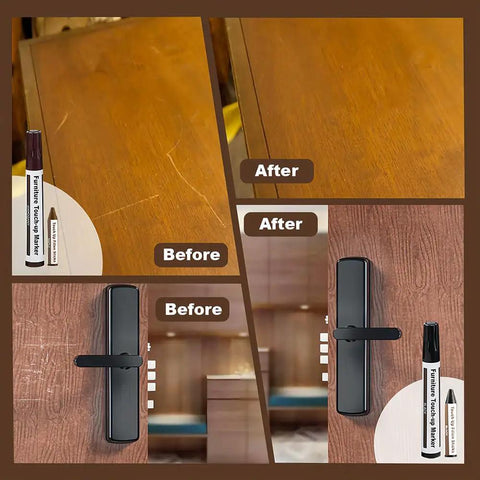 Wood Furniture Scratch Repair Markers And Wax Sticks Touch Up Set With Sharpener For Covering Stains And Gaps On Hardwood Floors Tables No Sweat Restoration Kit before and after results on scratched wood surfaces.