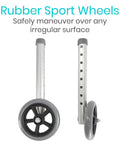 Heavy Duty Walker Wheels And Ski Glides Conversion Kit Built Like A Tank For Smooth Folding Mobility Rollers Featuring Universal Slide On Casters No Fuss Senior Travel Upgrade rubber sport wheels and metal rods, ideal for traversing irregular surfaces.