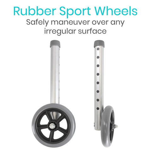 Heavy Duty Walker Wheels And Ski Glides Conversion Kit Built Like A Tank For Smooth Folding Mobility Rollers Featuring Universal Slide On Casters No Fuss Senior Travel Upgrade rubber sport wheels and metal rods, ideal for traversing irregular surfaces.