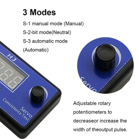 Close-up of 3CH Digital Servo Tester and ESC Checker featuring rotary knob for CCPM consistency with 3 modes and LCD display