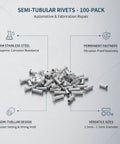 Rock Solid Semi Tubular Rivets 100 Pack 304 Stainless Steel Permanent Fasteners built tough for auto body repair, silver finish.